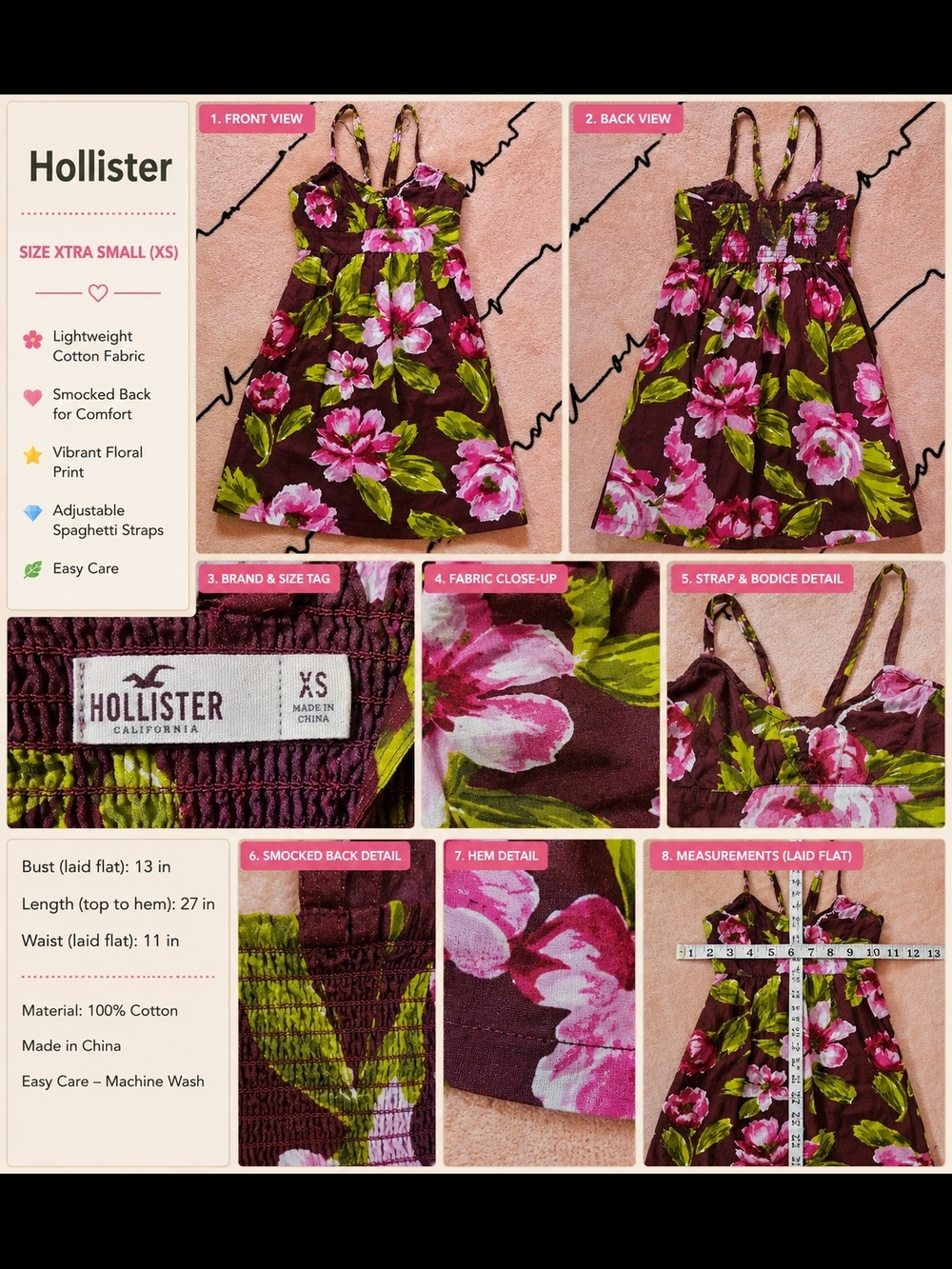 Hollister Brown Floral Spaghetti Strap Dress with Pink Blossoms